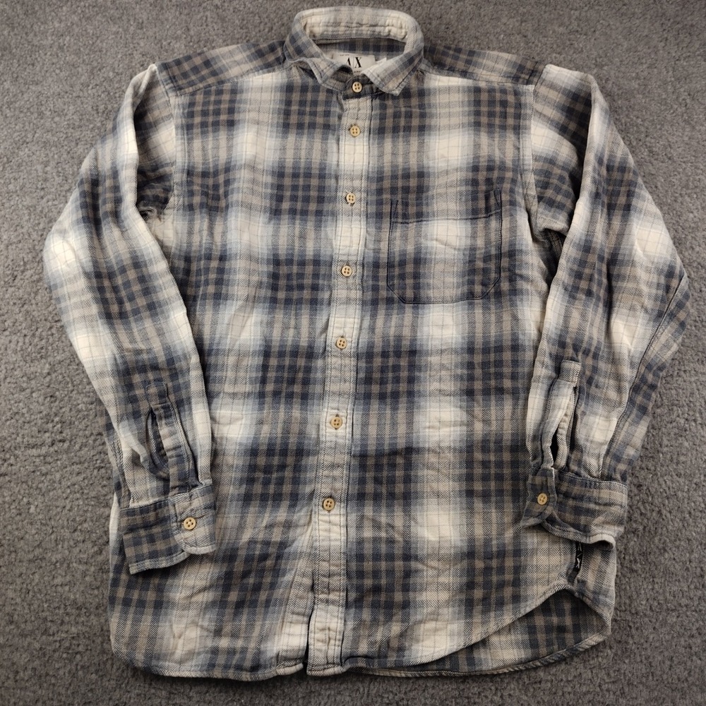 Armani Exchange Blue Grey Plaid Flannel Button Up Mens Shirt Large